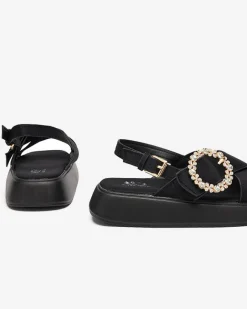 Online Czarne tkaninowe sandały damskie na płaskiej podeszwie Senire Sandały Płaskie