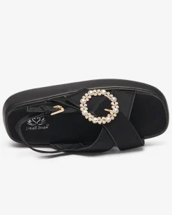 Online Czarne tkaninowe sandały damskie na płaskiej podeszwie Senire Sandały Płaskie