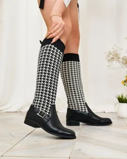 New Czarne wysokie botki damskie we wzór w pepitkę Aledive Botki Z Delikatnym Ociepleniem|Botki Na Płaskim Obcasie
