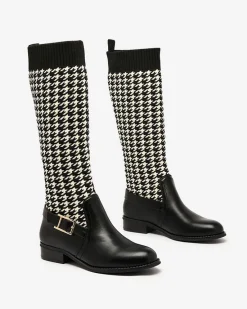 New Czarne wysokie botki damskie we wzór w pepitkę Aledive Botki Z Delikatnym Ociepleniem|Botki Na Płaskim Obcasie