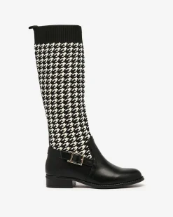 New Czarne wysokie botki damskie we wzór w pepitkę Aledive Botki Z Delikatnym Ociepleniem|Botki Na Płaskim Obcasie