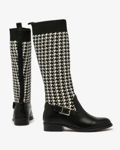 New Czarne wysokie botki damskie we wzór w pepitkę Aledive Botki Z Delikatnym Ociepleniem|Botki Na Płaskim Obcasie