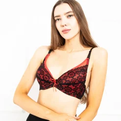 Sale Czarno - czerwony damski biustonosz koronkowy Codzienne