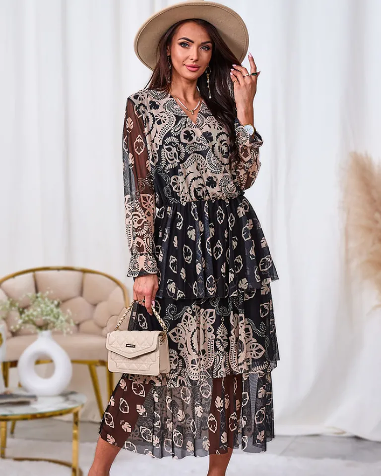 New Czarno- beżowa siateczkowa sukienka midi z printem Plus Size