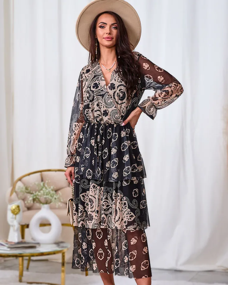 New Czarno- beżowa siateczkowa sukienka midi z printem Plus Size