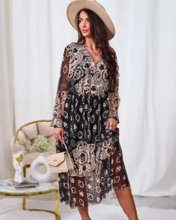 New Czarno- beżowa siateczkowa sukienka midi z printem Plus Size