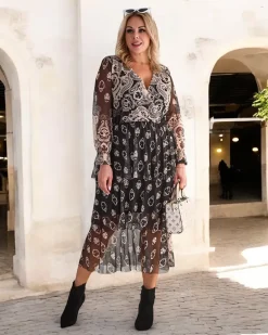 New Czarno- beżowa siateczkowa sukienka midi z printem Plus Size