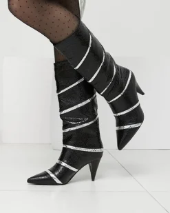 Online Czarno- srebrne damskie kozaki na szpilce z tłoczeniem w paski Felifea Kozaki Na Obcasie|Kozaki Z Ociepleniem