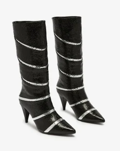 Online Czarno- srebrne damskie kozaki na szpilce z tłoczeniem w paski Felifea Kozaki Na Obcasie|Kozaki Z Ociepleniem