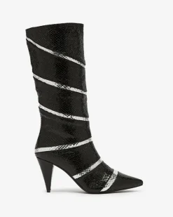 Online Czarno- srebrne damskie kozaki na szpilce z tłoczeniem w paski Felifea Kozaki Na Obcasie|Kozaki Z Ociepleniem