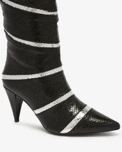 Online Czarno- srebrne damskie kozaki na szpilce z tłoczeniem w paski Felifea Kozaki Na Obcasie|Kozaki Z Ociepleniem