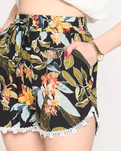 Online Czarno- żółte damskie szorty w roślinny wzór Szorty|Krótkie Spodenki