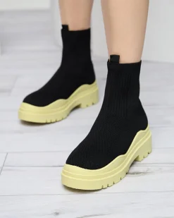 Sale Czarno-żółte botki damskie na płaskim obcasie Seritis Botki Bez Ocieplenia|Botki Na Płaskim Obcasie
