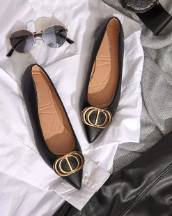 New Czarno-złote baleriny damskie w szpic z ozdobą na nosku Manico Buty Na Wielkie Wyjście|Baleriny Klasyczne