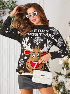 Outlet damski świąteczny sweter z reniferem Swetry