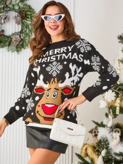 Outlet damski świąteczny sweter z reniferem Swetry