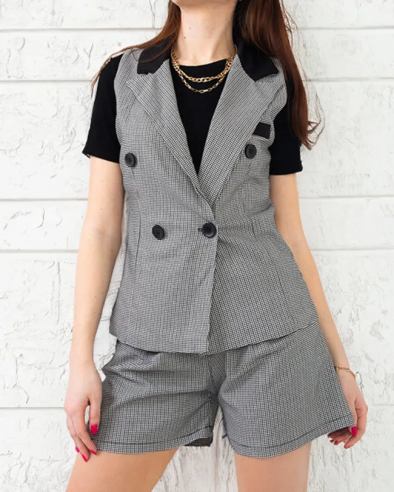 Hot Czarny damski garnitur w białą kratkę Damskie Szorty|Krótkie Spodenki