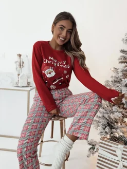Online Czerwona świąteczna damska 2-częściowa piżama Piżamy