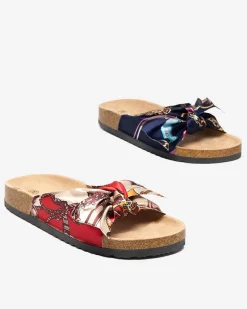 Online Czerwone damskie klapki z tkaninową wstążką Laneso Klapki Płaskie