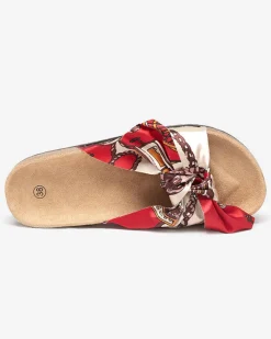 Online Czerwone damskie klapki z tkaninową wstążką Laneso Klapki Płaskie