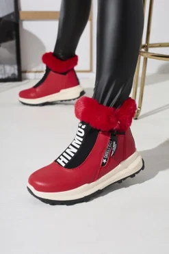 Discount Czerwone damskie ocieplane botki z futerkiem Scherr Botki Z Delikatnym Ociepleniem|Botki Na Płaskim Obcasie