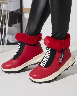 Discount Czerwone damskie ocieplane botki z futerkiem Scherr Botki Z Delikatnym Ociepleniem|Botki Na Płaskim Obcasie