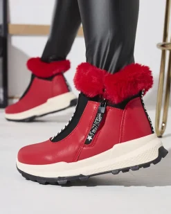 Discount Czerwone damskie ocieplane botki z futerkiem Scherr Botki Z Delikatnym Ociepleniem|Botki Na Płaskim Obcasie