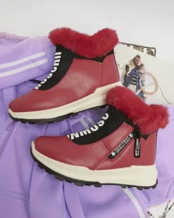 Discount Czerwone damskie ocieplane botki z futerkiem Scherr Botki Z Delikatnym Ociepleniem|Botki Na Płaskim Obcasie