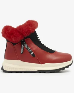 Discount Czerwone damskie ocieplane botki z futerkiem Scherr Botki Z Delikatnym Ociepleniem|Botki Na Płaskim Obcasie