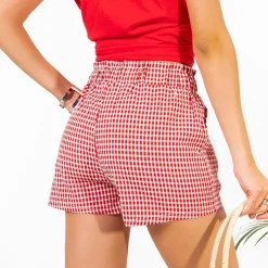 Sale Czerwone damskie spodenki w kratkę Szorty|Krótkie Spodenki