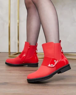 Discount Czerwone matowe botki damskie Setipfa Botki Z Delikatnym Ociepleniem|Botki Na Płaskim Obcasie