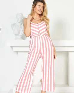 Czerwono- biały długi kombinezon damski w paski Kombinezony