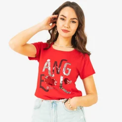 Outlet damski t-shirt z napisem z cekinów Bluzki / Koszule / Koszulki