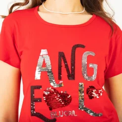 Outlet damski t-shirt z napisem z cekinów Bluzki / Koszule / Koszulki