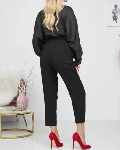 Best Damska czarna długa satynowa bluzka z wiązaniem Bluzki / Koszule / Koszulki