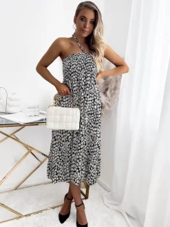 Clearance Damska czarna sukienka midi kwiaty Sukienki Letnie|Sukienki Długie