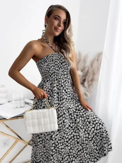 Clearance Damska czarna sukienka midi kwiaty Sukienki Letnie|Sukienki Długie