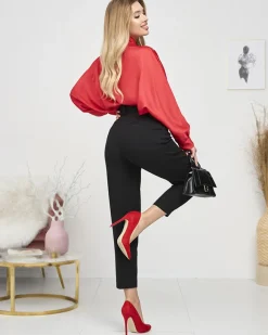 Outlet Damska czerwona długa satynowa bluzka z wiązaniem Bluzki / Koszule / Koszulki