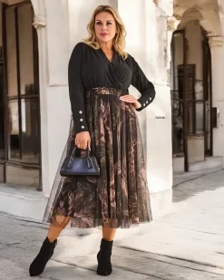 Sale Damska dwuwarstwowa spódnica midi PLUS SIZE Spódnice|Plus Size