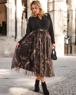 Sale Damska dwuwarstwowa spódnica midi PLUS SIZE Spódnice|Plus Size