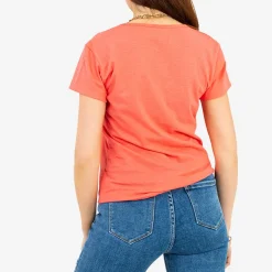 Outlet Damska koralowa koszulka z kolorowym printem Bluzki / Koszule / Koszulki