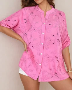 Discount Damska koszula z haftem oversize Bluzki / Koszule / Koszulki