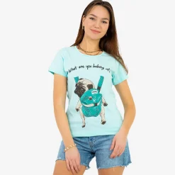 Outlet Damska miętowa koszulka z kolorowym printem Bluzki / Koszule / Koszulki