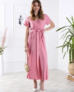 Best Damska różowa długa sukienka z rozcięciem Sukienki Letnie|Sukienki Długie