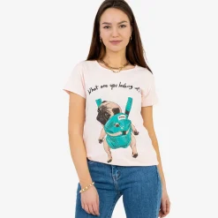 Online Damska różowa koszulka z kolorowym printem Bluzki / Koszule / Koszulki