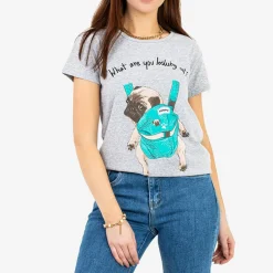 Sale Damska szara koszulka z kolorowym printem Bluzki / Koszule / Koszulki