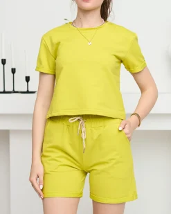 Online Damski bawełniany sportowy komplet dresowy w limonkowym kolorze Damskie Komplety Damskie