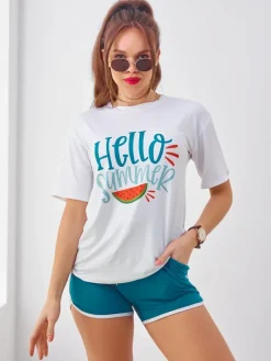Sale Damski komplet sportowy z t-shirtem i krótkimi spodenkami Hello Summer Damskie Komplety Damskie