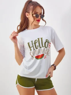 Clearance Damski komplet sportowy z t-shirtem i krótkimi spodenkami Hello Summer Damskie Komplety Damskie