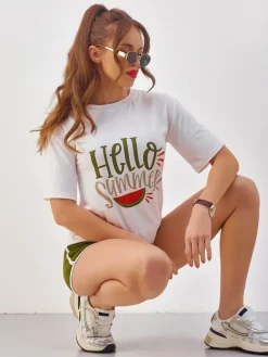 Clearance Damski komplet sportowy z t-shirtem i krótkimi spodenkami Hello Summer Damskie Komplety Damskie